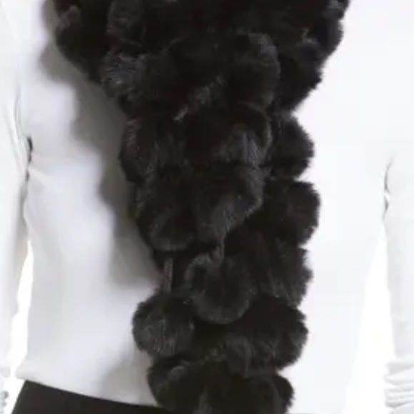 Chic Black Rabbit Fur  Pom Pom Scarf - Picture 1 of 3